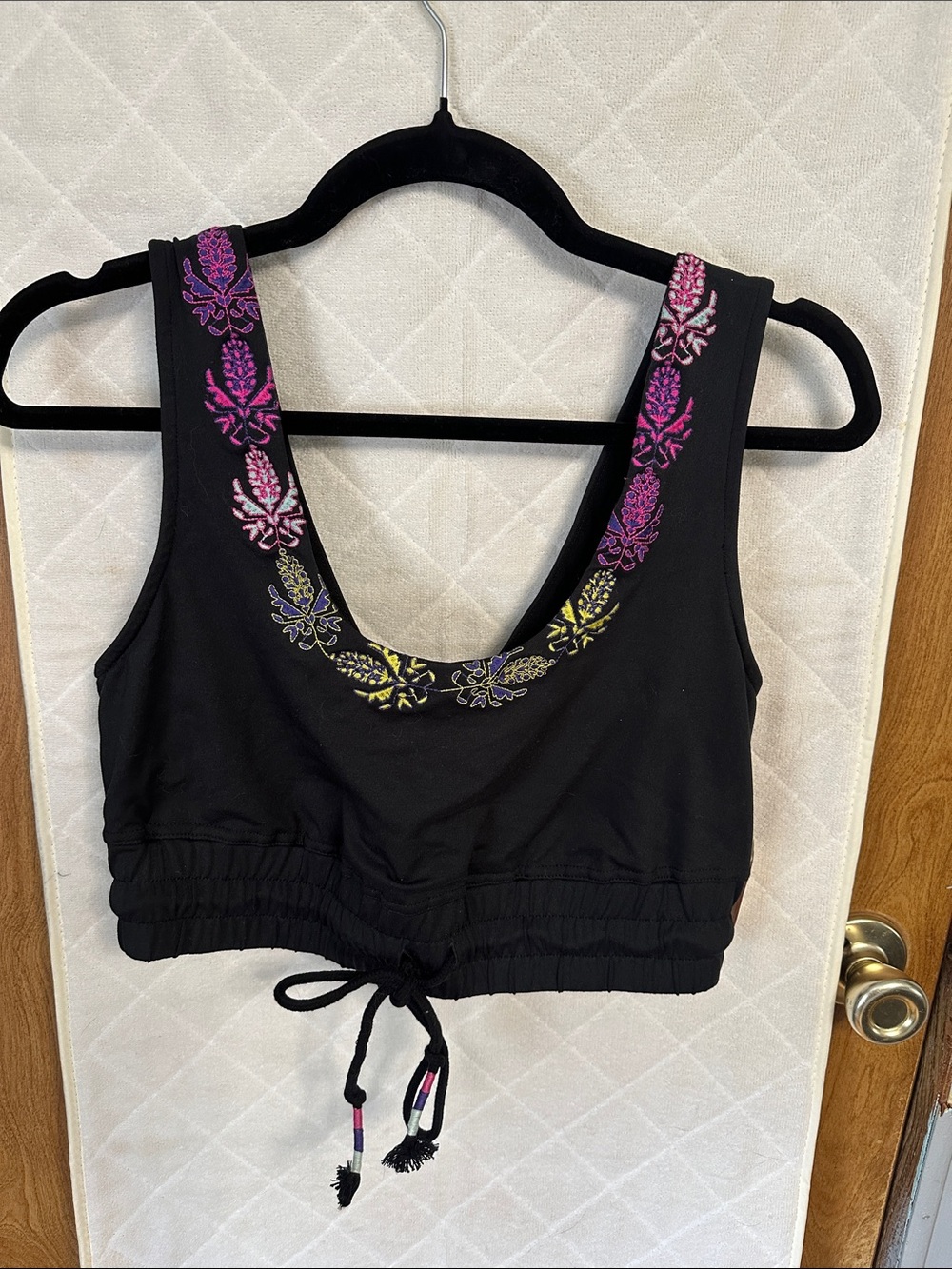 Black Embroidered Scoop Neck Crop Bralette - Pink & Yellow Accents